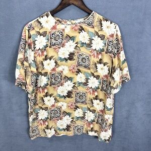 Vintage 90s Jacqueline Ferrar Blouse Women L Floral Tile Print Boho‎ Cottagecore
